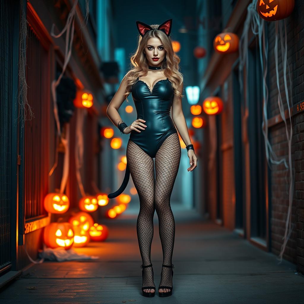 A seductive woman dressed in a Halloween costume, featuring a daring and alluring outfit that embraces the festive spirit