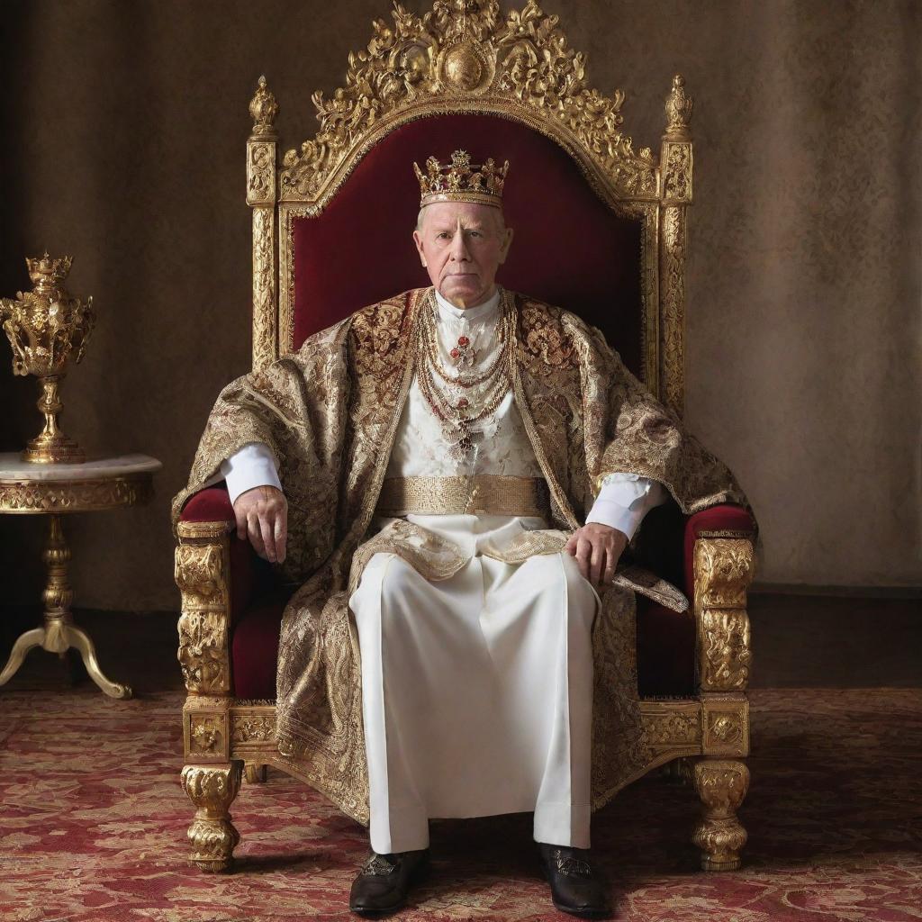 A majestic portraiture of King Alex, a powerful monarch. His regal attire and commanding presence are highlighted by the opulent backdrop of his throne room.