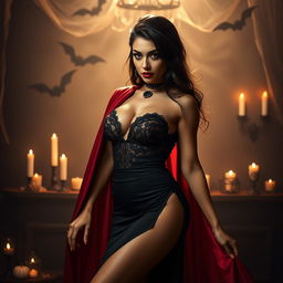 A sultry woman in a Halloween costume, featuring a sexy and eye-catching outfit that captures the festive spirit