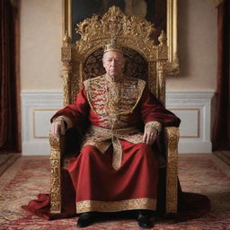 A majestic portraiture of King Alex, a powerful monarch. His regal attire and commanding presence are highlighted by the opulent backdrop of his throne room.