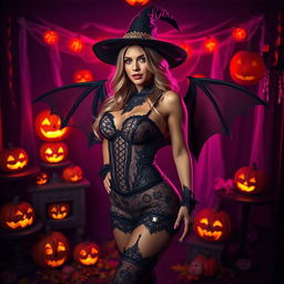 A sexy woman in a Halloween costume, showcasing a sultry outfit with intricate details like lace and glitter, standing confidently amidst a spooky backdrop