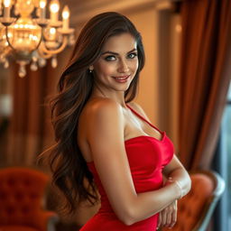A captivating and alluring woman with long flowing brunette hair and striking green eyes, wearing a form-fitting red dress that accentuates her curves, standing confidently in a luxurious setting with soft, warm lighting