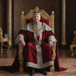 A majestic portraiture of King Alex, a powerful monarch. His regal attire and commanding presence are highlighted by the opulent backdrop of his throne room.