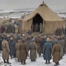 Comic-style image of 1931 Azgantay in ruins, villagers huddled by yurts on a frigid Friday, visibly famished. Sultanbek, son of Shalak, stands before the crowd. Depict people discussing famine resistance, the forceful entry of soldiers, and the unfortunate fate of 14 soldiers. Use dark colors to portray the grim atmosphere.