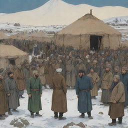 Comic-style image of 1931 Azgantay in ruins, villagers huddled by yurts on a frigid Friday, visibly famished. Sultanbek, son of Shalak, stands before the crowd. Depict people discussing famine resistance, the forceful entry of soldiers, and the unfortunate fate of 14 soldiers. Use dark colors to portray the grim atmosphere.