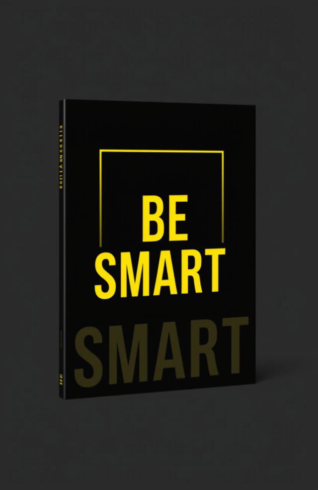 A modern, sleek book cover design for a title called 'BE SMART' prominently displayed in bold, striking yellow typography against a deep black background