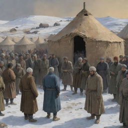 Comic-style image of 1931 Azgantay in ruins, villagers huddled by yurts on a frigid Friday, visibly famished. Sultanbek, son of Shalak, stands before the crowd. Depict people discussing famine resistance, the forceful entry of soldiers, and the unfortunate fate of 14 soldiers. Use dark colors to portray the grim atmosphere.