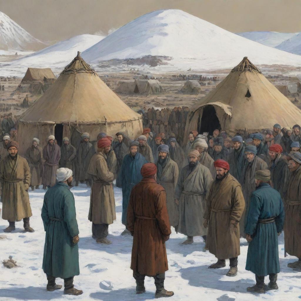 Comic-style image of 1931 Azgantay in ruins, villagers huddled by yurts on a frigid Friday, visibly famished. Sultanbek, son of Shalak, stands before the crowd. Depict people discussing famine resistance, the forceful entry of soldiers, and the unfortunate fate of 14 soldiers. Use dark colors to portray the grim atmosphere.