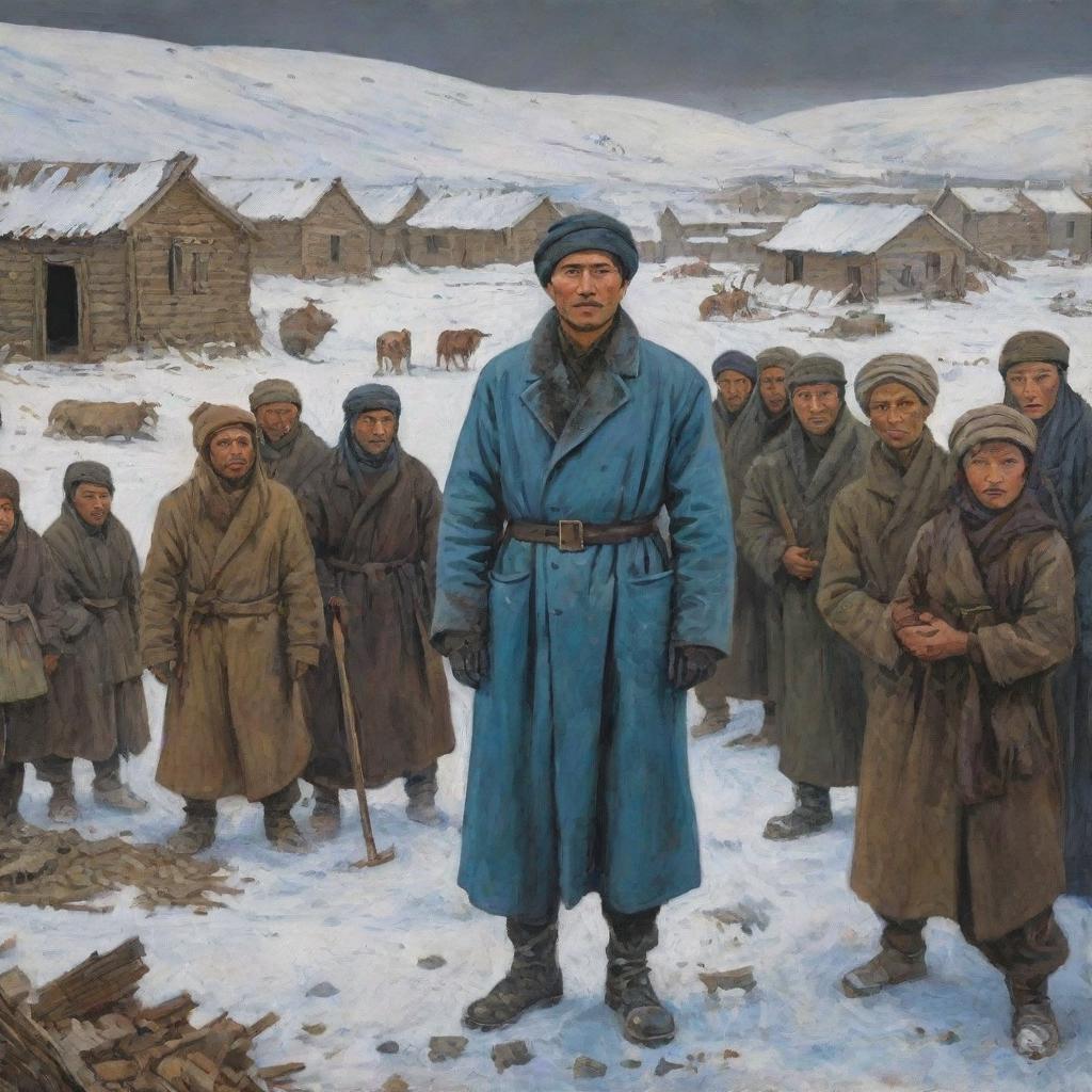 In comic-style, depict a winter scene in 1931 from the Kazakh village of Azgantay in ruins. Show Sultanbek, son of Shalak, standing before 431 hungry citizens discussing famine resistance. Illustrate the forceful entry of soldiers into the village and the violent demise of 14 soldiers. Use dark hues to echo the gloomy atmosphere.