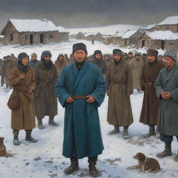 In comic-style, depict a winter scene in 1931 from the Kazakh village of Azgantay in ruins. Show Sultanbek, son of Shalak, standing before 431 hungry citizens discussing famine resistance. Illustrate the forceful entry of soldiers into the village and the violent demise of 14 soldiers. Use dark hues to echo the gloomy atmosphere.