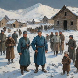 In comic-style, depict a winter scene in 1931 from the Kazakh village of Azgantay in ruins. Show Sultanbek, son of Shalak, standing before 431 hungry citizens discussing famine resistance. Illustrate the forceful entry of soldiers into the village and the violent demise of 14 soldiers. Use dark hues to echo the gloomy atmosphere.