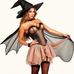 A sexy woman in a Halloween costume, featuring a stunningly designed outfit that accentuates her curves