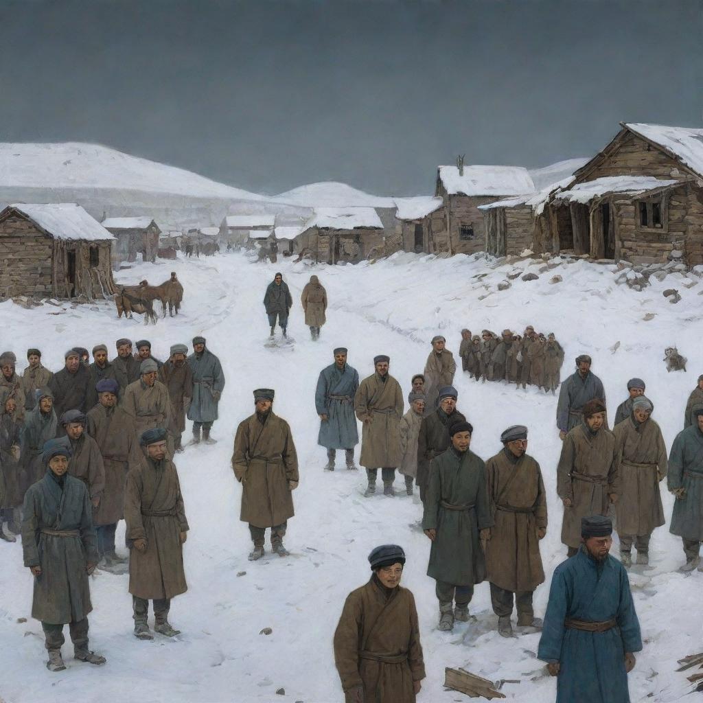 In comic-style, depict a winter scene in 1931 from the Kazakh village of Azgantay in ruins. Show Sultanbek, son of Shalak, standing before 431 hungry citizens discussing famine resistance. Illustrate the forceful entry of soldiers into the village and the violent demise of 14 soldiers. Use dark hues to echo the gloomy atmosphere.