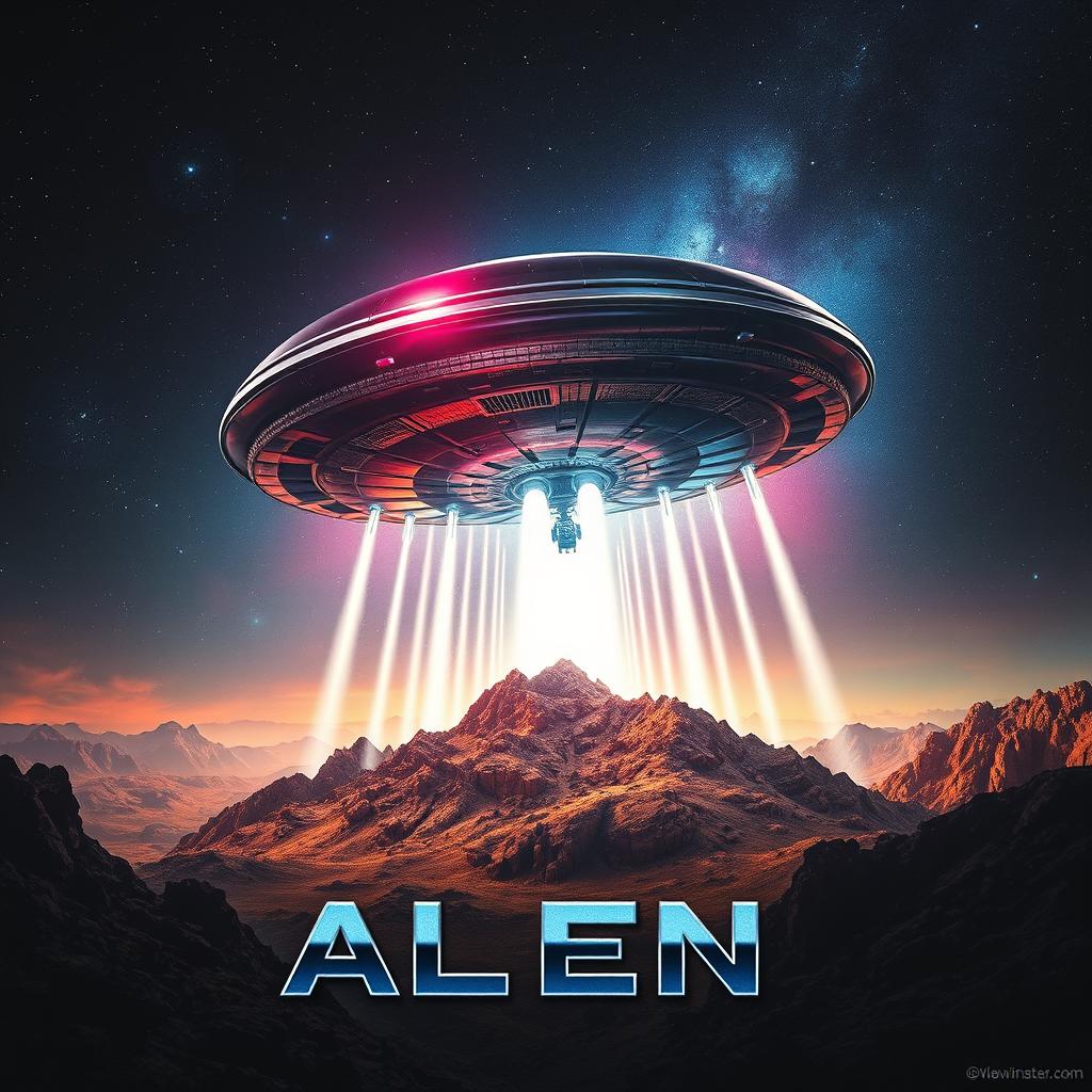 A dramatic and captivating movie poster featuring an alien spaceship landing