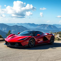 A stunning supercar parked on a scenic mountain overlook, glistening in the sun