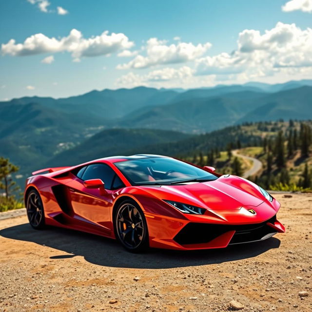 A stunning supercar parked on a scenic mountain overlook, glistening in the sun