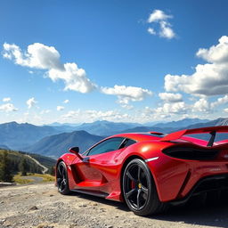 A stunning supercar parked on a scenic mountain overlook, glistening in the sun