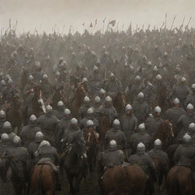 King Alex and his 10,000 horsemen shipping out for a monumental battle against the Roman legions. The scene is filled with a flurry of activity, the air bristles with the tension and excitement of the upcoming confrontation.