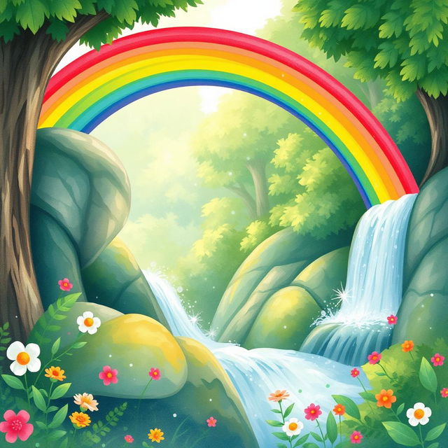 A vibrant, colorful rainbow arching gracefully over a sparkling waterfall amidst a lush, verdant forest