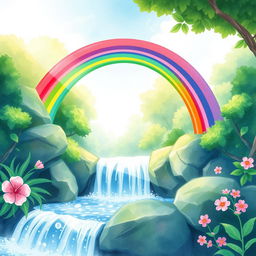 A vibrant, colorful rainbow arching gracefully over a sparkling waterfall amidst a lush, verdant forest