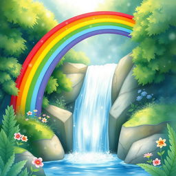 A vibrant, colorful rainbow arching gracefully over a sparkling waterfall amidst a lush, verdant forest