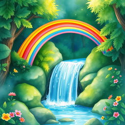 A vibrant, colorful rainbow arching gracefully over a sparkling waterfall amidst a lush, verdant forest