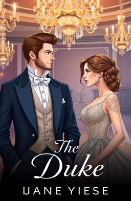 A captivating book cover illustration for the title 'The Duke', featuring a handsome and regal Duke in a formal attire, standing confidently with a charming smile, while gazing at a beautiful Duchess dressed in an elegant gown with intricate details