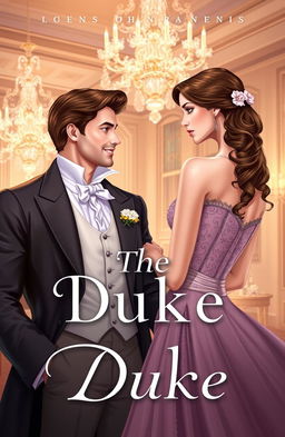 A captivating book cover illustration for the title 'The Duke', featuring a handsome and regal Duke in a formal attire, standing confidently with a charming smile, while gazing at a beautiful Duchess dressed in an elegant gown with intricate details