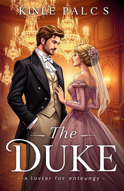 A captivating book cover illustration for the title 'The Duke', featuring a handsome and regal Duke in a formal attire, standing confidently with a charming smile, while gazing at a beautiful Duchess dressed in an elegant gown with intricate details