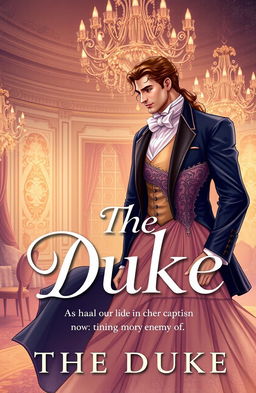 A captivating book cover illustration for the title 'The Duke', featuring a handsome and regal Duke in a formal attire, standing confidently with a charming smile, while gazing at a beautiful Duchess dressed in an elegant gown with intricate details