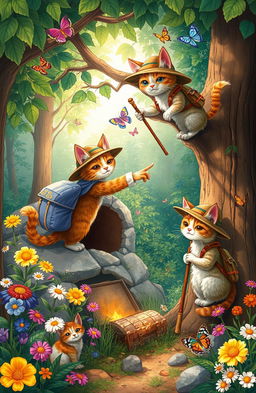 A whimsical scene depicting anthropomorphic cats embarking on an adventure in a vibrant forest