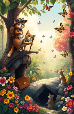 A whimsical scene depicting anthropomorphic cats embarking on an adventure in a vibrant forest