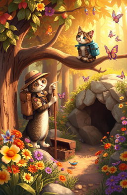 A whimsical scene depicting anthropomorphic cats embarking on an adventure in a vibrant forest