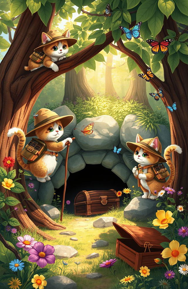 A whimsical scene depicting anthropomorphic cats embarking on an adventure in a vibrant forest