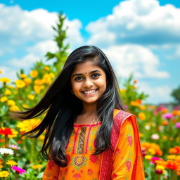 A vibrant portrait of a young Indian girl, around sixteen years old, standing in a lush garden filled with colorful flowers