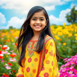 A vibrant portrait of a young Indian girl, around sixteen years old, standing in a lush garden filled with colorful flowers