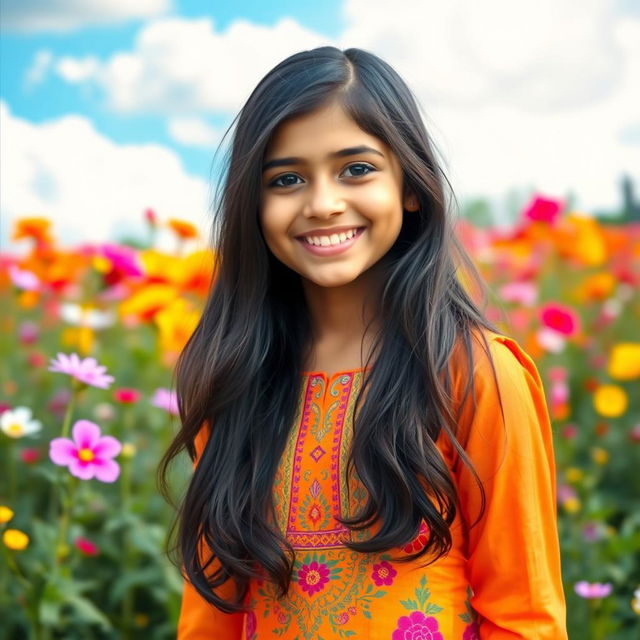 A vibrant portrait of a young Indian girl, around sixteen years old, standing in a lush garden filled with colorful flowers