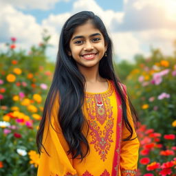 A vibrant portrait of a young Indian girl, around sixteen years old, standing in a lush garden filled with colorful flowers