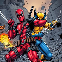 An epic comic book style illustration featuring Deadpool and Wolverine in an action-packed scene