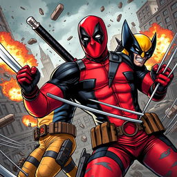 An epic comic book style illustration featuring Deadpool and Wolverine in an action-packed scene