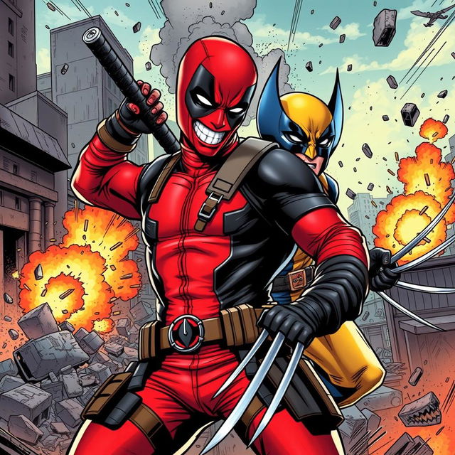 An epic comic book style illustration featuring Deadpool and Wolverine in an action-packed scene