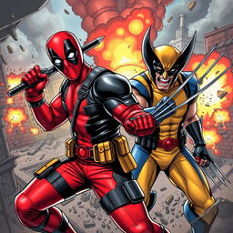 An epic comic book style illustration featuring Deadpool and Wolverine in an action-packed scene