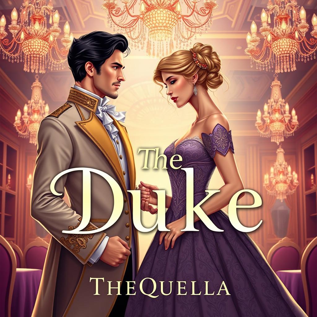 A captivating book cover illustration for 'The Duke' by TheQuella, featuring a handsome and regal Duke in an opulent formal attire, standing confidently with an alluring smile as he gazes at his stunning wife, the Duchess