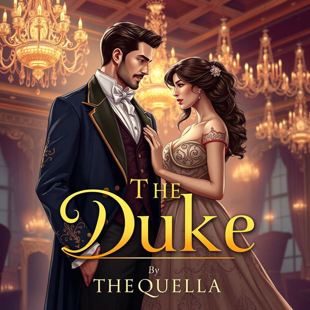 A captivating book cover illustration for 'The Duke' by TheQuella, featuring a handsome and regal Duke in an opulent formal attire, standing confidently with an alluring smile as he gazes at his stunning wife, the Duchess