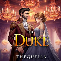 A captivating book cover illustration for 'The Duke' by TheQuella, featuring a handsome and regal Duke in an opulent formal attire, standing confidently with an alluring smile as he gazes at his stunning wife, the Duchess