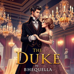 A captivating book cover illustration for 'The Duke' by TheQuella, featuring a handsome and regal Duke in an opulent formal attire, standing confidently with an alluring smile as he gazes at his stunning wife, the Duchess