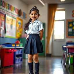A vibrant and dynamic scene featuring a young Indian girl in a stylish school uniform, standing confidently in a school environment