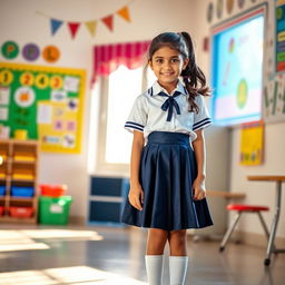 A vibrant and dynamic scene featuring a young Indian girl in a stylish school uniform, standing confidently in a school environment