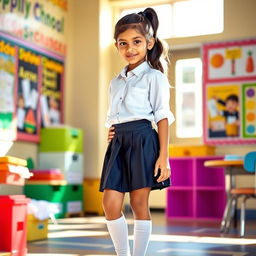 A vibrant and dynamic scene featuring a young Indian girl in a stylish school uniform, standing confidently in a school environment