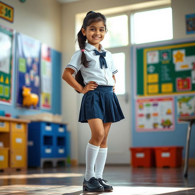 A vibrant and dynamic scene featuring a young Indian girl in a stylish school uniform, standing confidently in a school environment